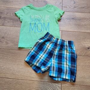 12m Green Graphic Tee and Plaid Shorts Set